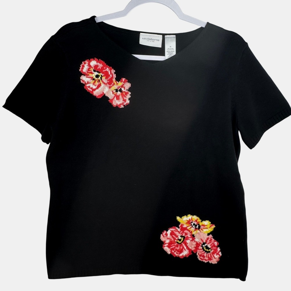 Liz‎ Claiborne Womens Black Floral Intarsia Knit Short Sleeve V-Neck Sweater M